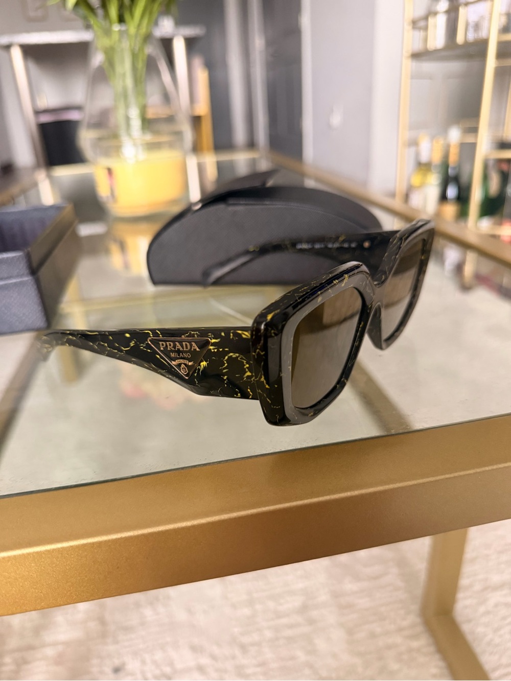 Prada Black Sunglasses with Yellow Marbled Accents - Picture 7 of 9